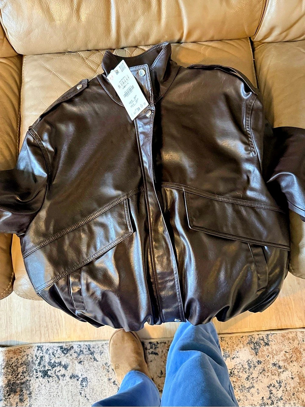 Zara Faux Leather Bomber Jacket Women's Brown